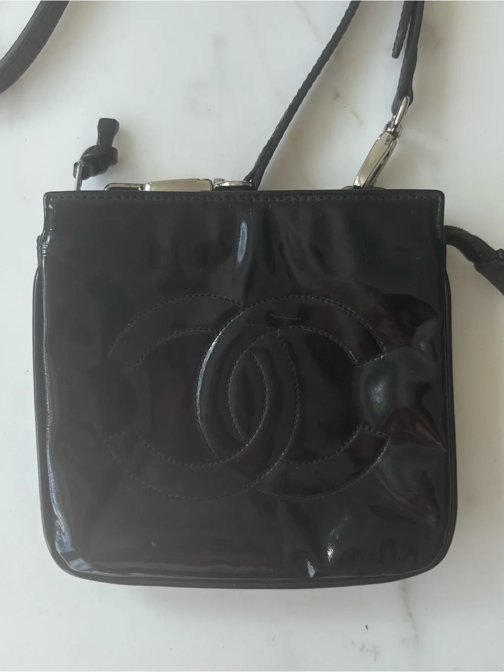 CHANEL Black Patent Leather CC Logo Converted Belt to Crossbody Bag